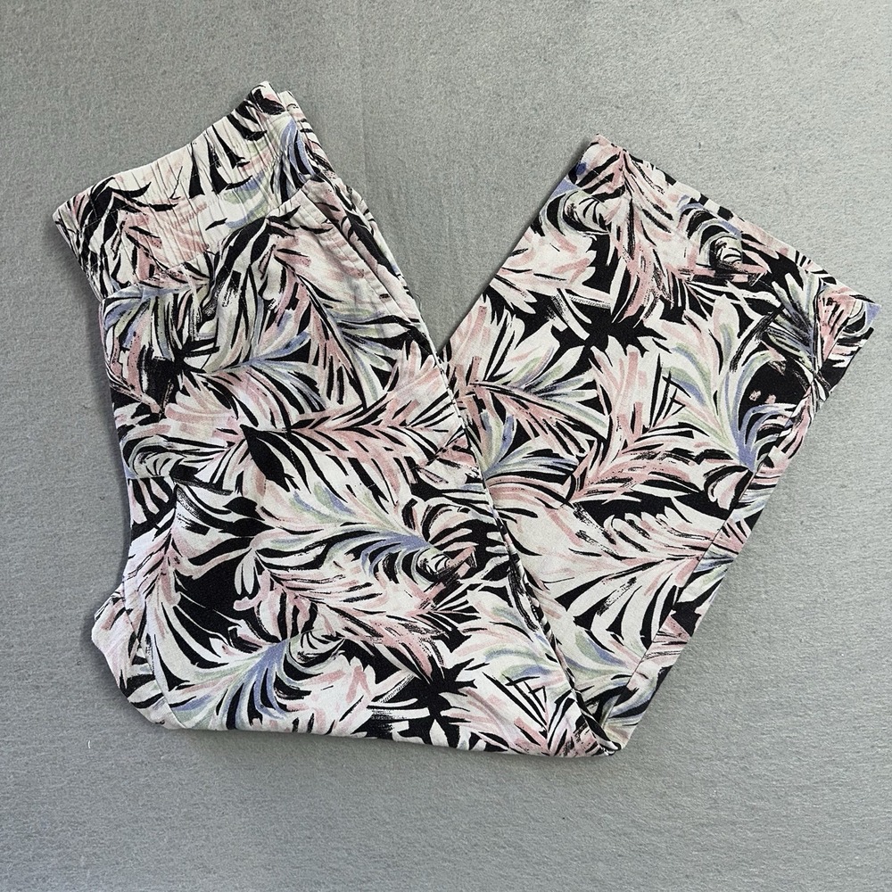 Land' n Sea Womens Wide-Leg Linen Blend Washable Tropical Leaf Pants Sz M